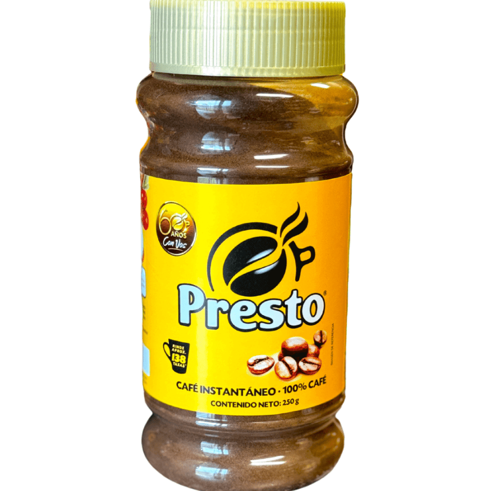 Café Presto instantáneo 100% auténtico, ideal para disfrutar un desayuno nicaragüense tradicional.