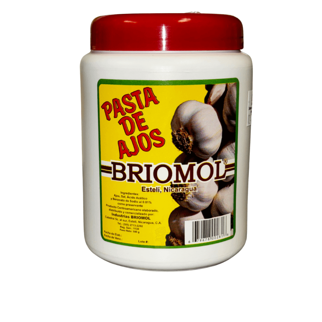 Pasta de ajos Briomol, auténtico ingrediente nicaragüense, ideal para sazonar platos de comida tradicional. La Nica Shop.
