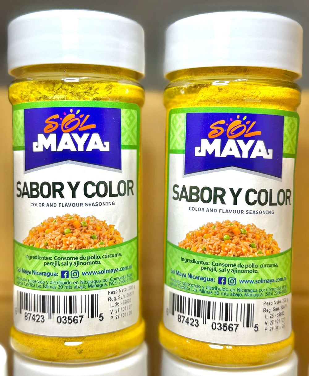 Authentic Sol Maya Sabor y Color seasoning from Nicaragua, essential for traditional Central American cuisine.